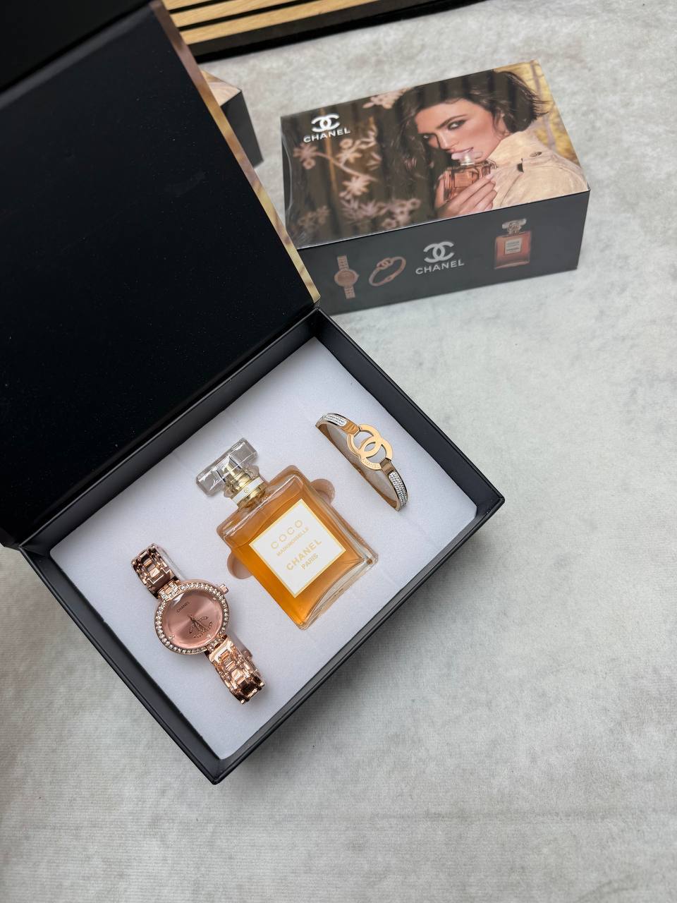 Luxury Women's Gift Set – Chanel Coco Mademoiselle Inspired Perfume, Rose Gold Watch & Crystal Bracelet | Elegant Gift Box for Her