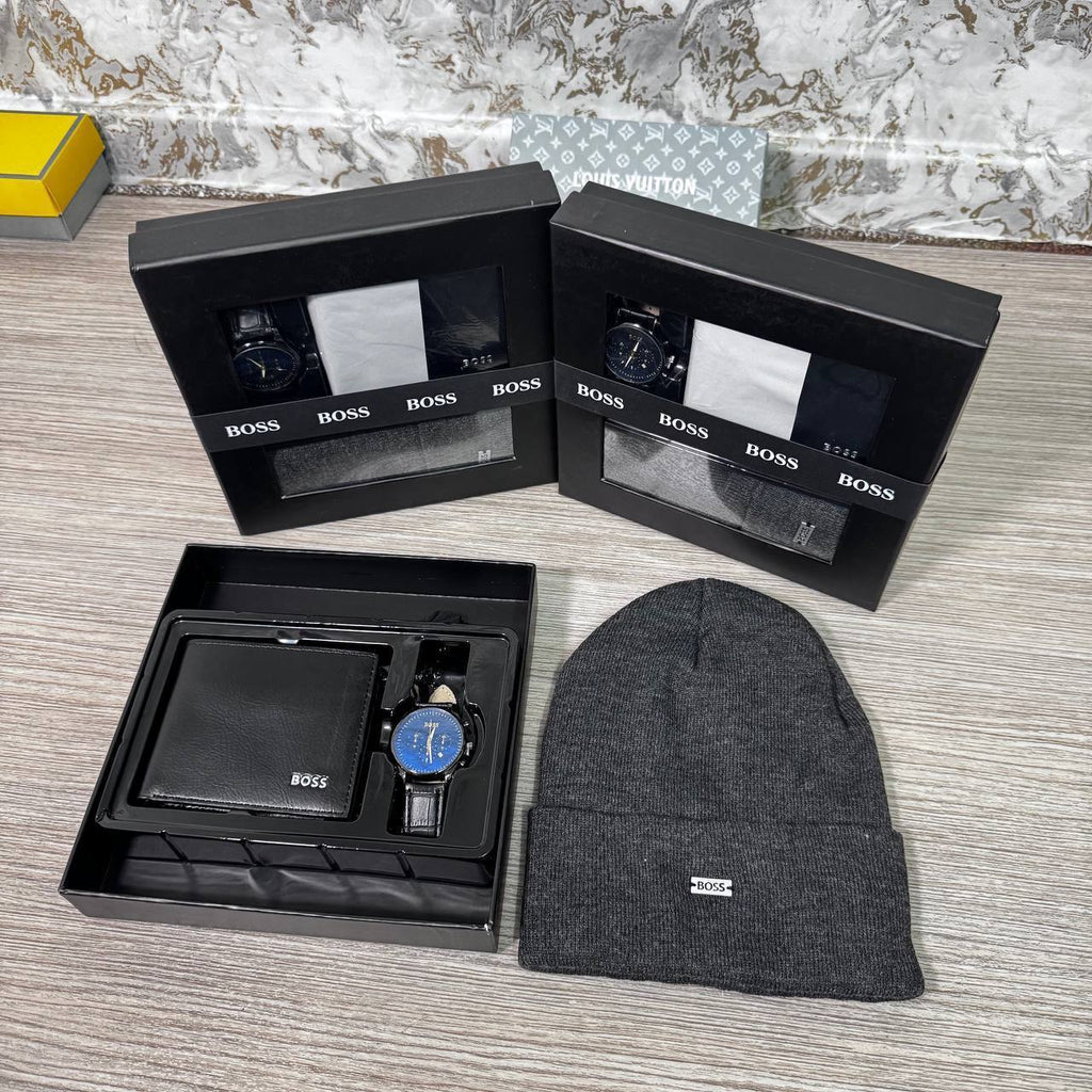 Luxury Men's Gift Set – Watch, Leather Wallet & Beanie Hat Gift Box | Premium Gift Set for Him