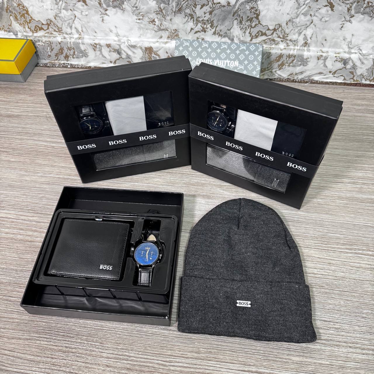 Luxury Men's Gift Set – Watch, Leather Wallet & Beanie Hat Gift Box | Premium Gift Set for Him