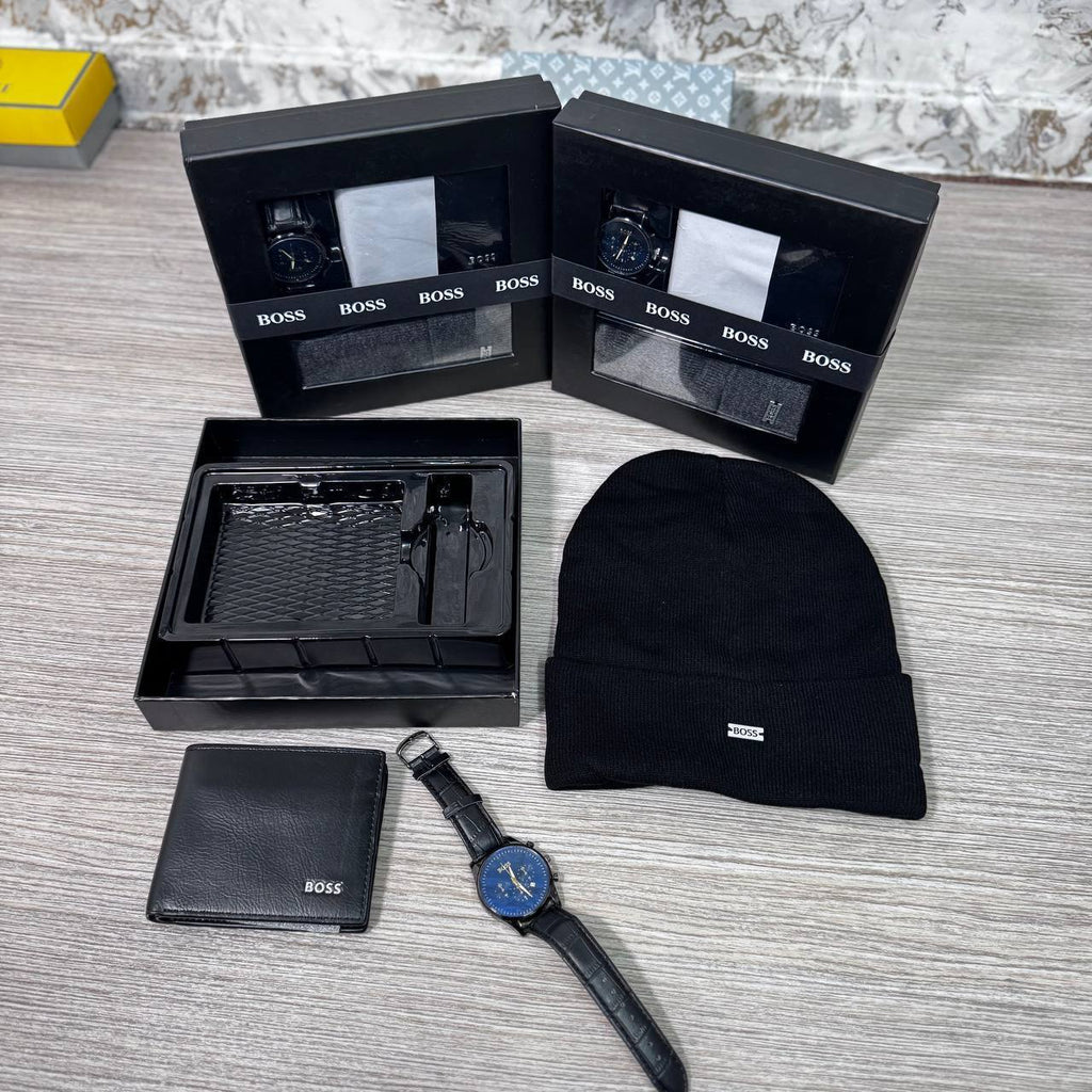 Luxury Men's Gift Set – Watch, Leather Wallet & Beanie Hat Gift Box | Premium Gift Set for Him